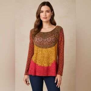 Sundance long sleeve color block T shirt size small semi sheer bohemian fall